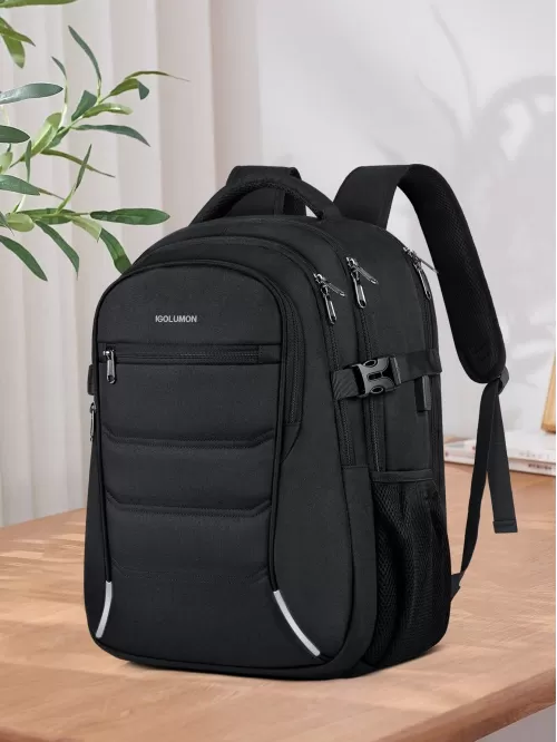 Men Letter Graphic Zip Front Laptop Backpack - Black