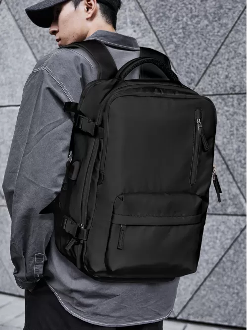 Men Zip Front Travel Backpack - Black