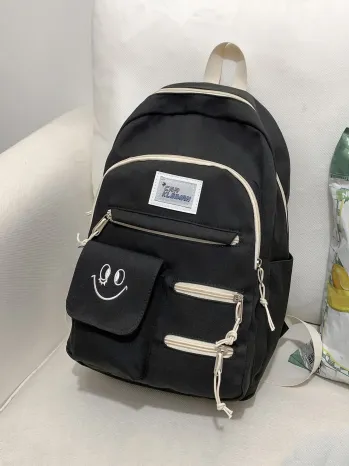 Medium Laptop Backpack Letter Patch Decor Multi-Pocket