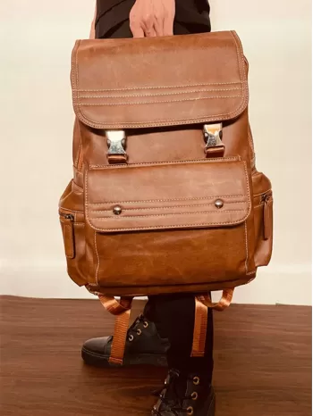 Brown Flap Backpack Vintage Release Buckle & Studded Decor PU