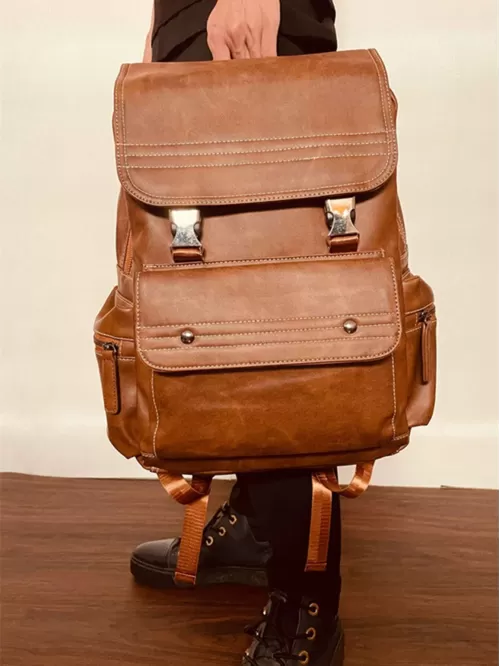 Brown Flap Backpack Vintage Release Buckle & Studded Decor PU