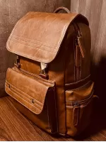 Brown Flap Backpack Vintage Release Buckle & Studded Decor PU