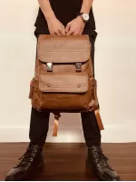 Brown Flap Backpack Vintage Release Buckle & Studded Decor PU