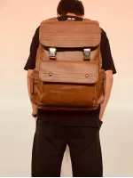 Brown Flap Backpack Vintage Release Buckle & Studded Decor PU