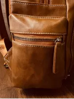 Brown Flap Backpack Vintage Release Buckle & Studded Decor PU